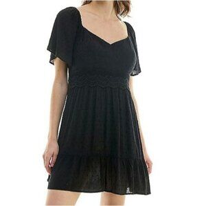 NEW Lily Rose Black Empire Waist Mini Dress, Size M, Flutter Sleeve Skater Dress
